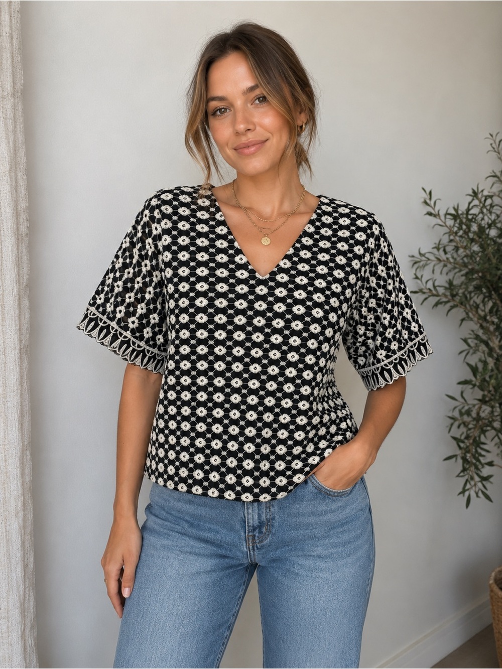 Black and Cream Eyelet Embroidered Boho Cottage-core Grandma Chic V-Neck Blouse